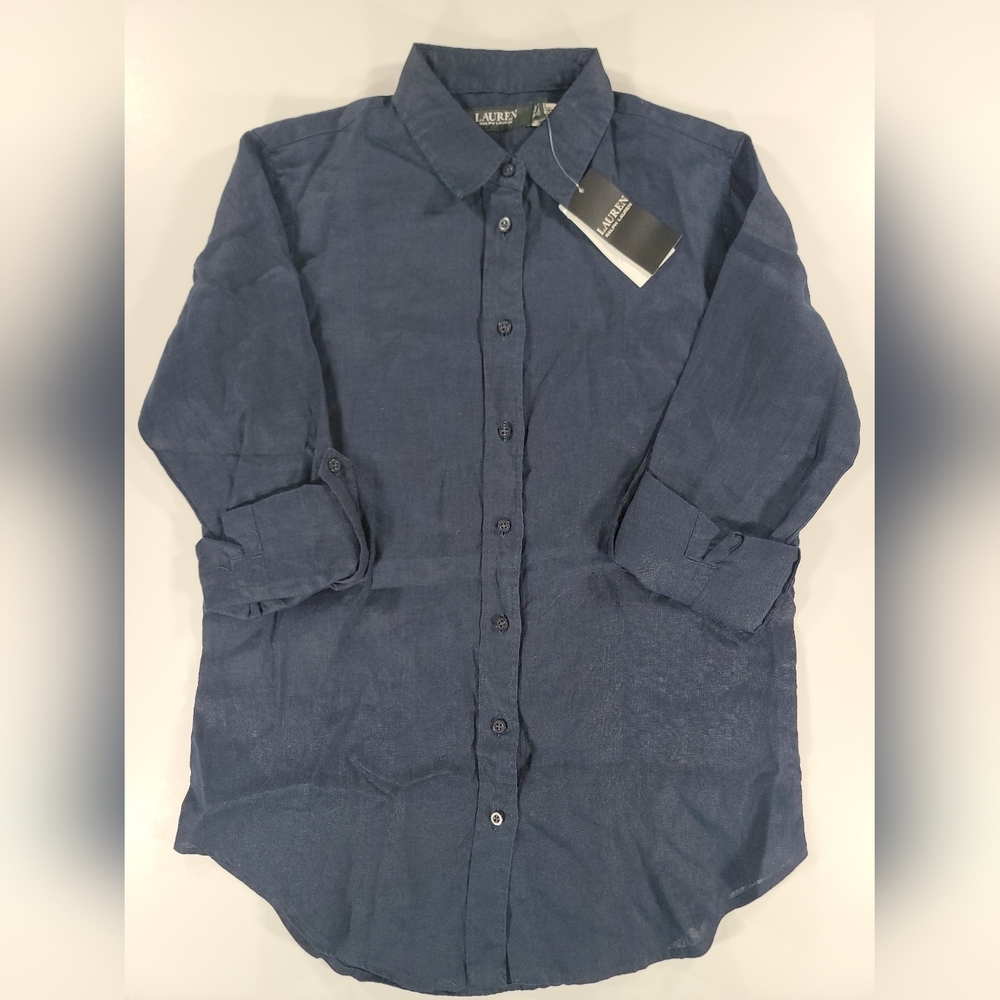 NEW Lauren Ralph Lauren 100% Linen  Button Shirt Womens Small Roll Tab Cuff Navy